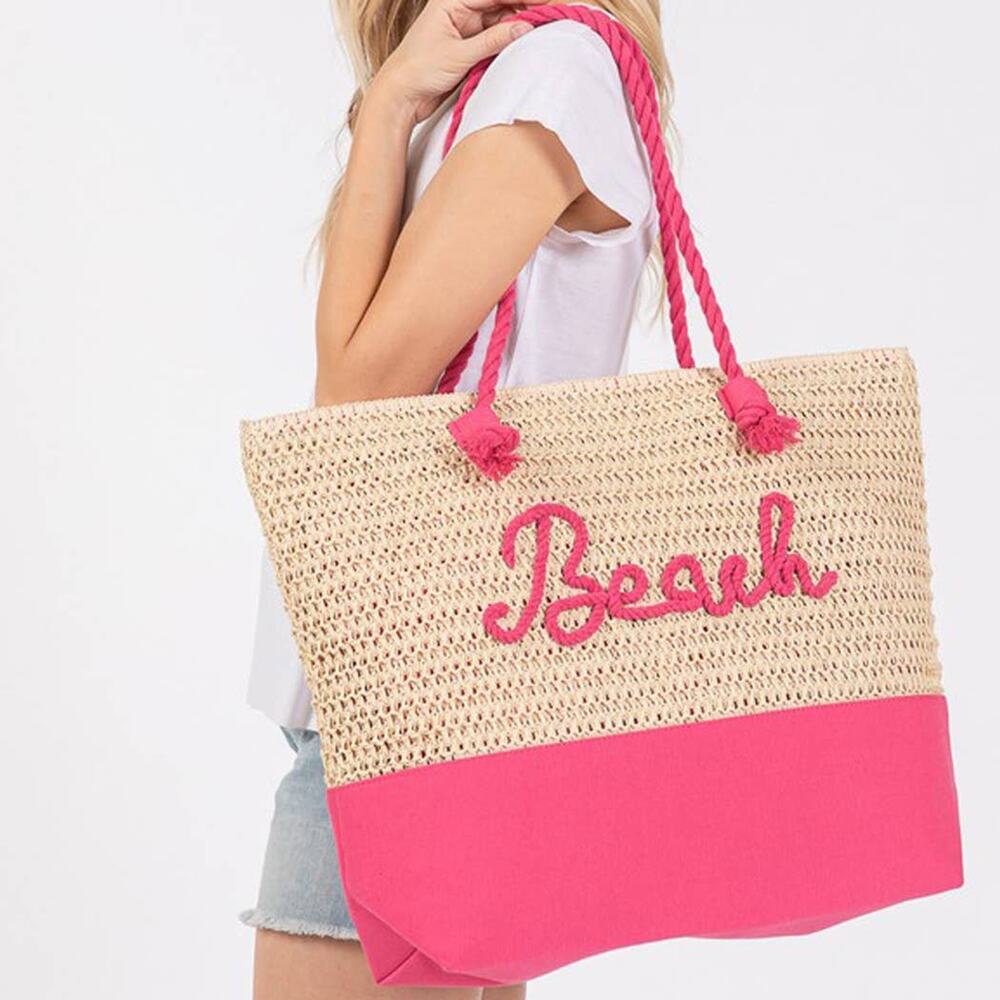 Crochet & Color-Sewn Rope Beach Tote Bag in Hot Pink